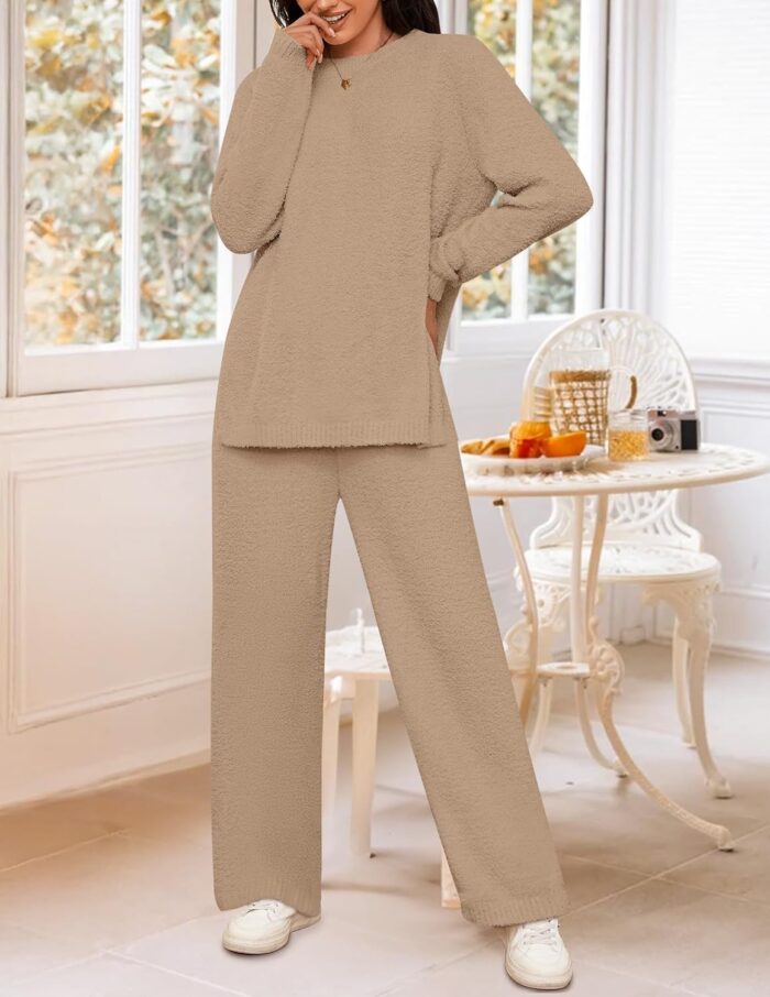 NENONA Women's Fuzzy Fleece Lounge Sets 2 Piece Loungewear Outfits Oversized Tunic Sweater Wide Leg Pants Pajama Sets - Image 3
