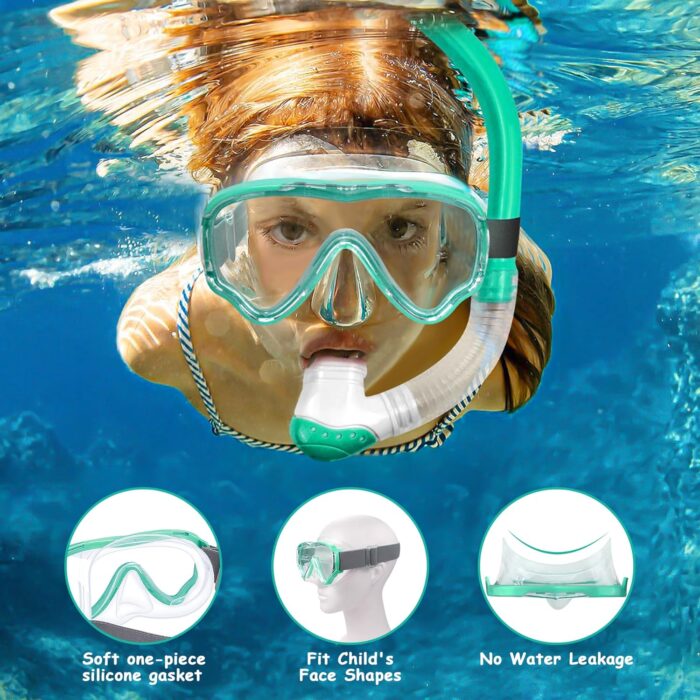 Vvinca Snorkeling Gear for Kids Dry Top Kids Snorkel Set for Boys Girls Junior Youth Children Age 4-14 Swim Goggles with Nose Cover Anti-Fog Panoramic View Adjustable Elastic Diving Mask and Snorkel - Image 3
