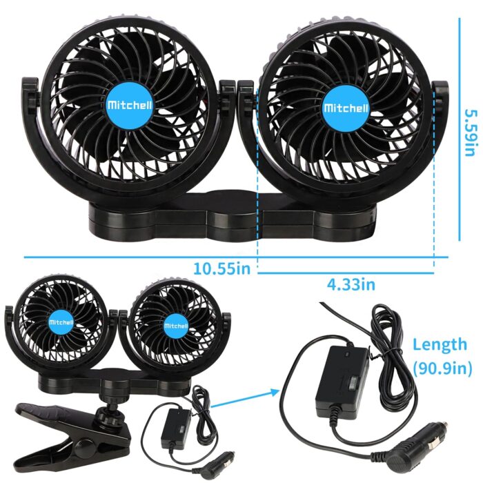 12V Car Fan, Adjustable 4 Inches Dual Head Car Clip Fan for Front/Rear Seat Passenger, 360° Rotatable Cars Fans with Stepless Speed Regulation for Car/Vehicle SUV, RV - Image 6