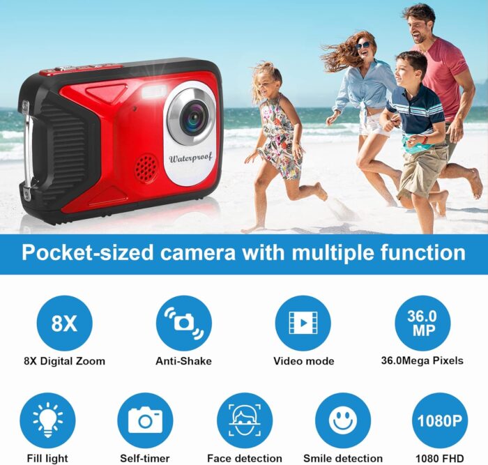 Waterproof Digital Camera with 32GB Card HD 1080P 36MP Underwater Digital Camera for Kids Teens Students Boys Girls(Red) - Image 5