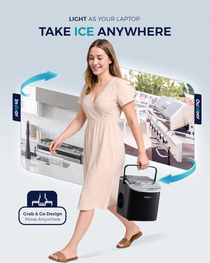 EUHOMY Countertop Ice Maker Machine with Handle, 26lbs in 24Hrs, 9 Ice Cubes Ready in 6 Mins, Auto-Cleaning Portable Ice Maker with Basket and Scoop, for Home/Kitchen/Camping/RV. (Black) - Image 4