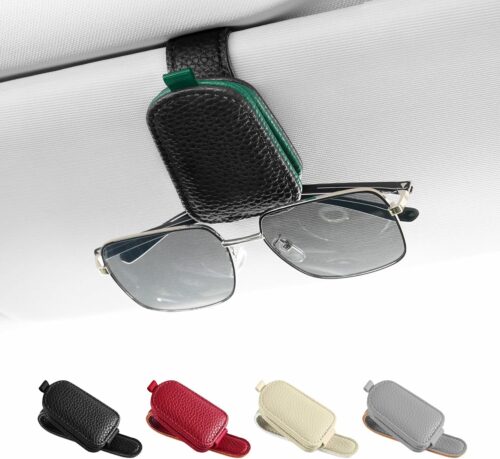 SINGARO Sunglasses Holder for Car, Leather Magnetic Buckle Sun Visor Sunglass Clip, Ticket Card Storage Glasses Clip, Car Interior Accessories for Men and Women（Black-Green）