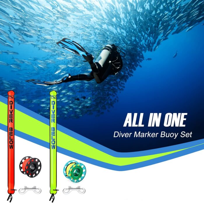 Surface Marker Buoy Set, 6ft Hi-Visibility Inflatable Closed Bottom Signal Tube Safety Sausage with 100ft/30m ABS Finger Spool Reel and Snap Kit for Underwater Scuba Diving - Image 7