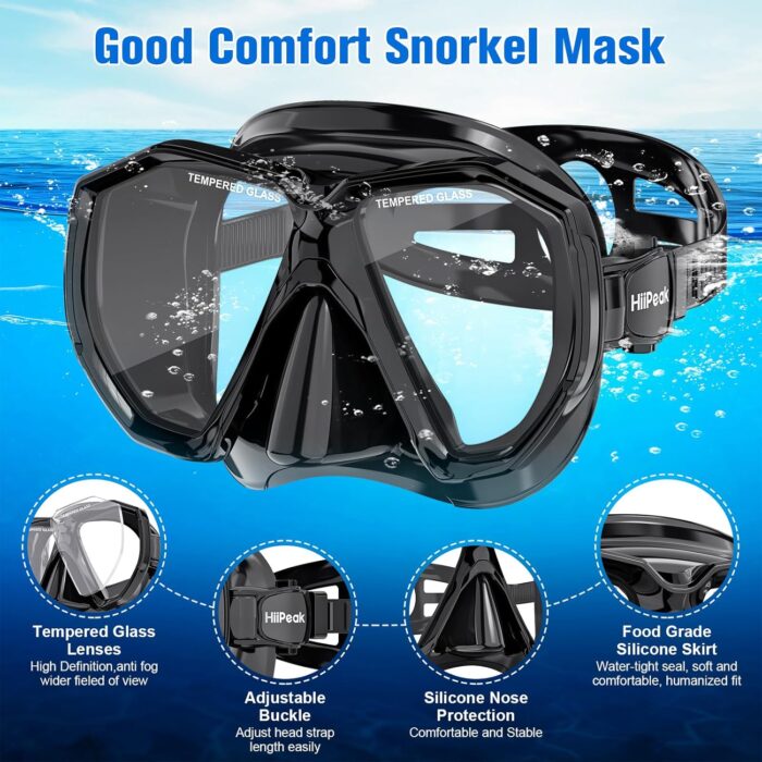 HiiPeak Snorkeling Gear for Adults, Dry Snorkel Set, Panoramic Wide View, Diving Scuba Mask Snorkel Set, Swimming Glasses Nose Cover Youth Diving Goggles - Image 6