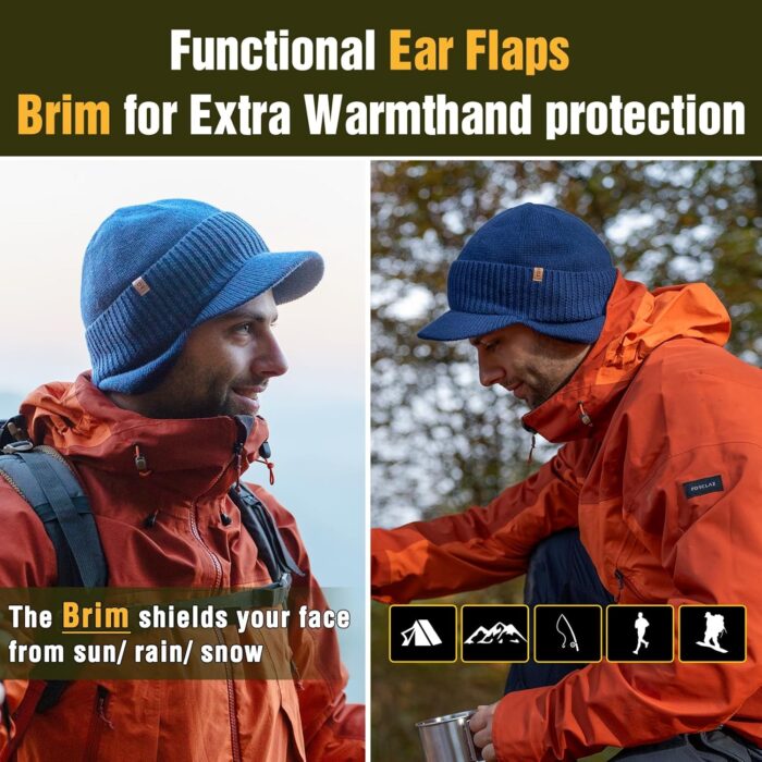 TOP-EX L/XL/XXL Unisex 80% Merino Wool Waterproof Brim Beanie Hats with Ear Flaps Fleece Lined for All Weather - Image 5