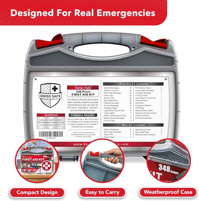 Swiss Safe 2-in-1 First Aid Kit for Car, Travel & Home, Businesses - Bonus Mini Kit for Medical Emergency Aid, Survival, Camping - FSA & HSA Eligible - 348 Pcs, Large Hardcase FAK - Image 8