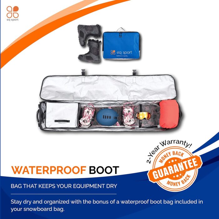 EQ SPORT Snowboard Bag with Wheels - Fully Padded & Waterproof Rolling Snowboard Bag for Air Travel, Boot Bag Included - Fits 2 Boards - Heavy-Duty YKK Zippers - Storage for Snow Gears - Image 6