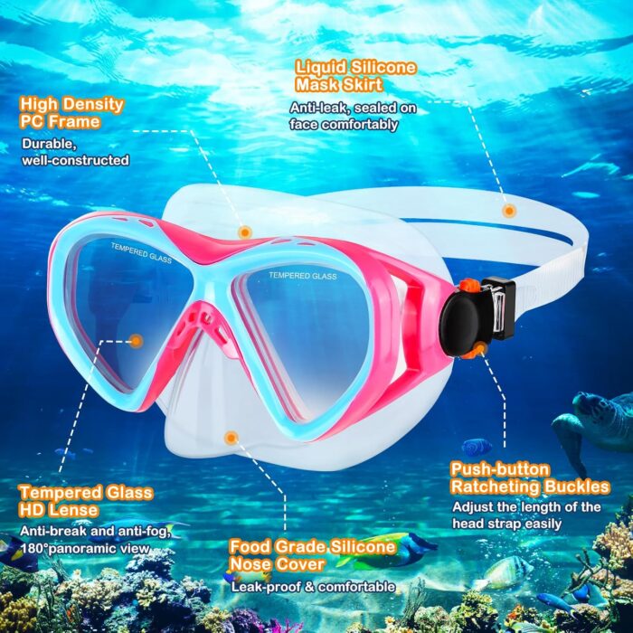 Kids Snorkel Set Dry Top Snorkeling Gear for Kids Boys Girls Youth Junior Age 5-15, Anti-Fog Anti-Leak Snorkel Mask Scuba Diving Mask Swimming Goggles with Nose Cover - Image 2