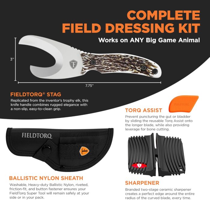 Field Dressing Kit | 4-in-1 Super Tool with Sheath & Sharpener | Skinning Knife for Hunting | Gut Hook | Deer Hunting Knife Set | Stag - Image 3