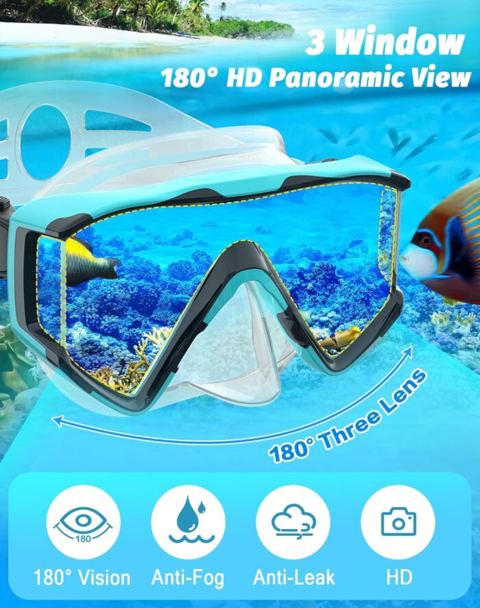 Greatever Snorkel Set Pano 3 Window Snorkel Mask Adult, Panoramic Wide View, Anti-Fog Scuba Diving Mask, Anti-Leak Snorkel Goggles Dry Top Snorkel, Professional Snorkeling Gear for Adults - Image 2