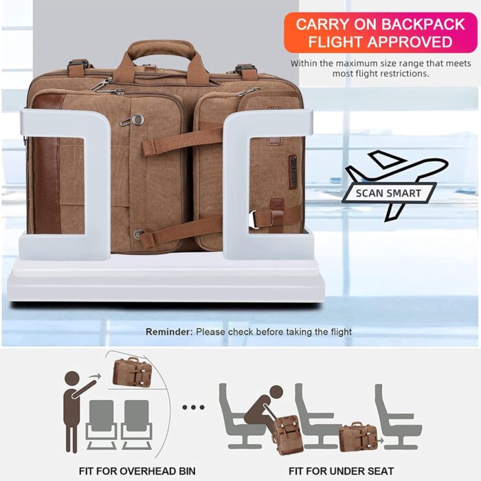 WITZMAN Canvas Travel Backpack for Men Large Laptop Backpack Fit 17 inch Carry-on Airline Approved Convertible Shoulder Rucksack(A6617-3 Brown) - Image 6