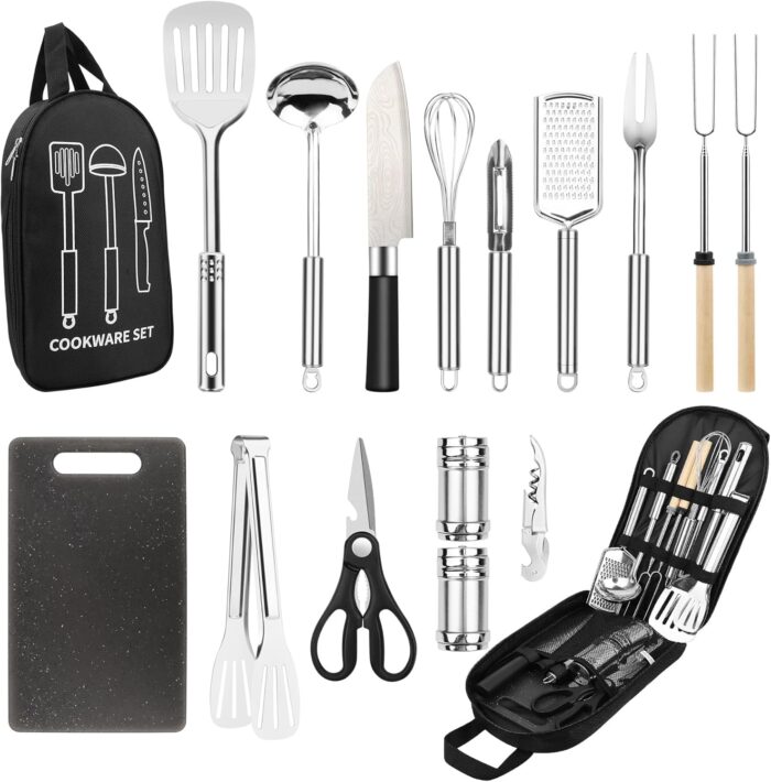 Camping Cooking Utensils Set, Stainless Steel Grill Tools, Camping BBQ Cookware Gear and Equipment for Travel Tenting RV Van Picnic Portable Kitchen Essentials Accessories