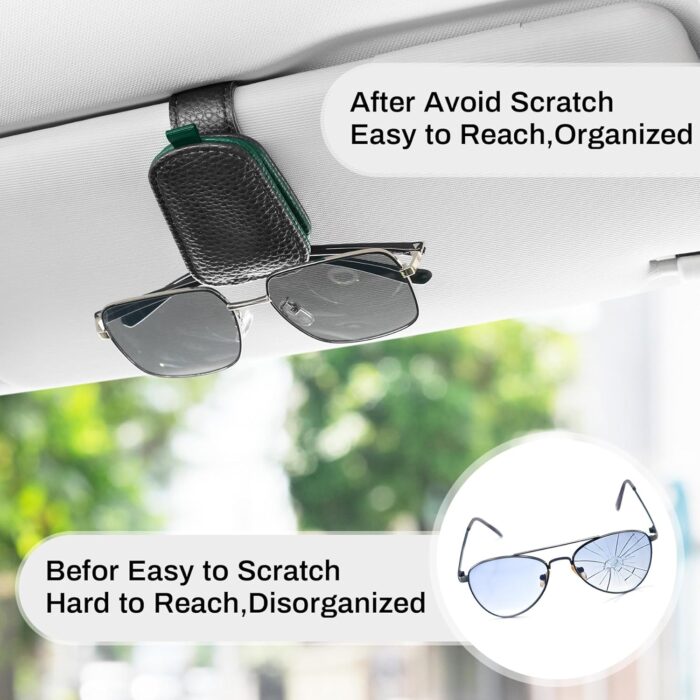 SINGARO Sunglasses Holder for Car, Leather Magnetic Buckle Sun Visor Sunglass Clip, Ticket Card Storage Glasses Clip, Car Interior Accessories for Men and Women（Black-Green） - Image 6