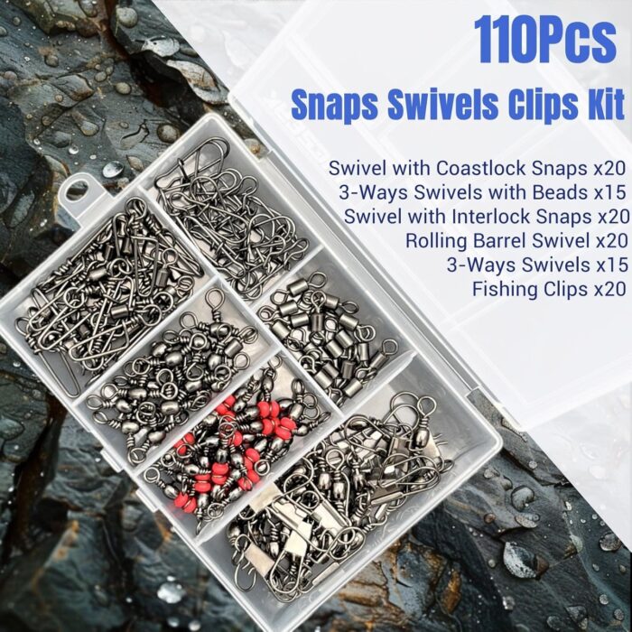110Pcs Strong Fishing Snap Swivels Kit, Include Rolling Barrel Swivels, Premium 3 Ways Fish Line Connector with Snaps Clips, Fishing Terminal Accessories Tackle Box for Lures Sinkers - Image 4