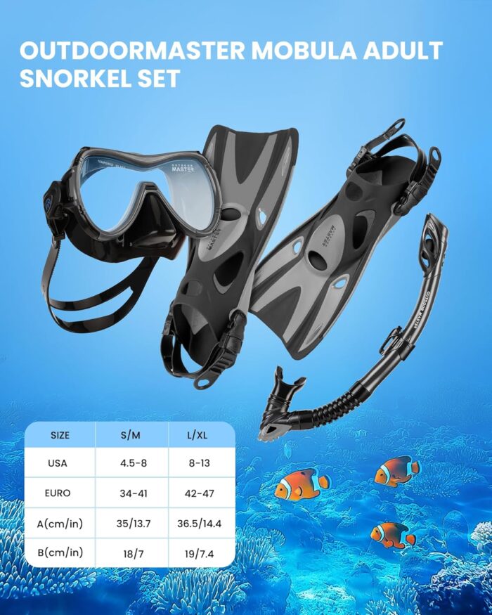 OutdoorMaster Mobula Snorkeling Gear for Adults,Mask Fins Snorkel Set with Panoramic View Anti-Fog, Dry Top Scuba Gear for Swimming Snorkeling Diving - Image 7