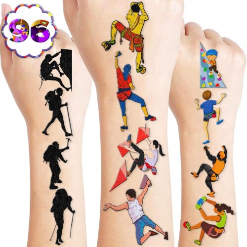 96PCS Rock Climbing Temporary Tattoos Birthday Party Decorations Favors Supplies Decor Outdoor Extreme Sports Mountain Climb Tattoo Gifts Stickers For Climbers Kids Boys Girls School Prizes Carnival
