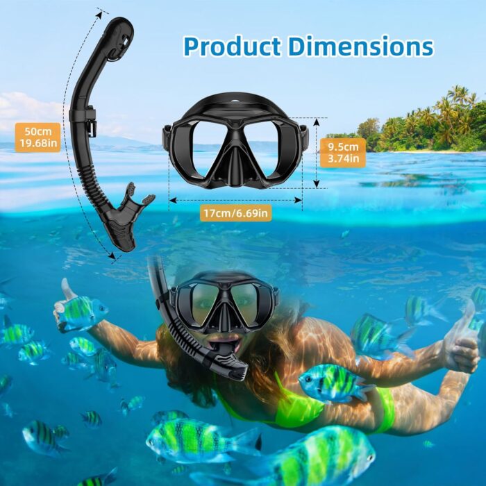 Snorkeling Gear for Adults Scuba Mask Set with Nose Cover Anti Fog Diving Mask with Dry Top Snorkel for Mens Womens Travel Swim Scuba Diving Snorkeling with Bag - Image 7