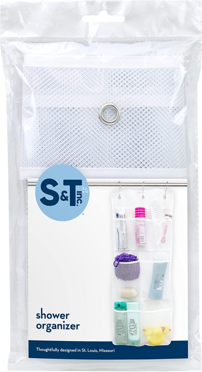 S&T INC. Shower Organizer, Shower Caddy or Bathroom Organizer with Quick Drying Mesh, 7 Pockets to Hold Shampoo, Soap, Loofah, and Cruise Ship Essentials, 14 Inch by 30 Inch, White, 1 Pack - Image 7