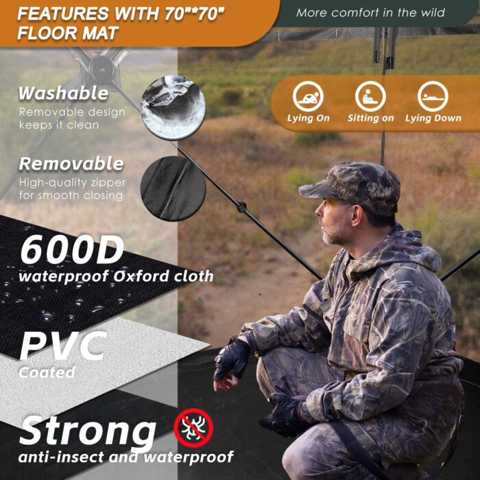 Hunting Blind with Floor Mat, 360 Degree See Through Ground Blind with Carrying Bag, 2/3/4 Person Pop Up Camouflage Tent Portable Concealed Shelter - Image 3