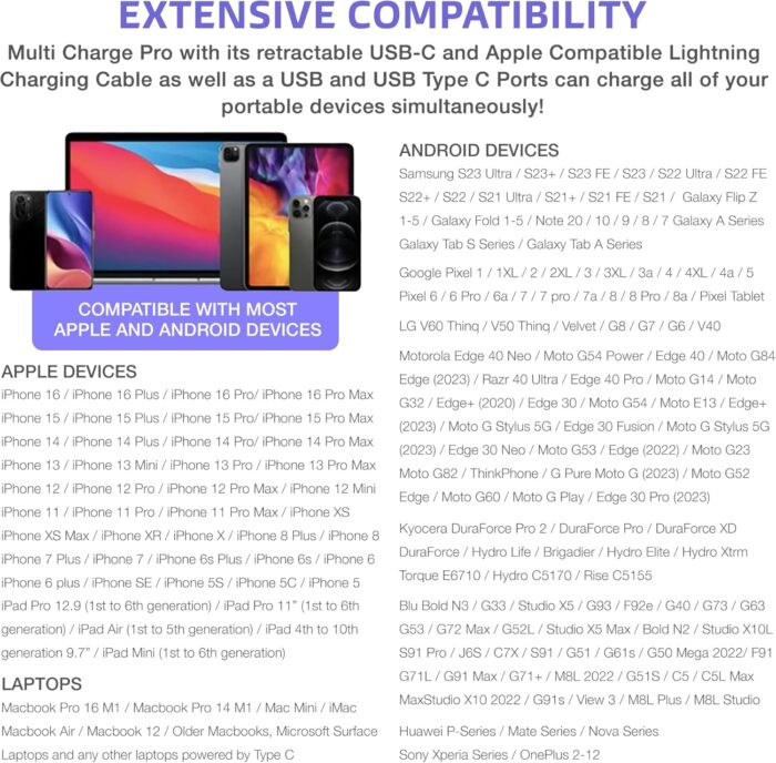 Multi Charge Pro iPhone Car Charger Fast Charging Retractable Car Charger USB C Auto Adapter, Powerful 120W 4-Port USB-C & USB-A and Lightning iPhone, Samsung, Tablets... - Image 4