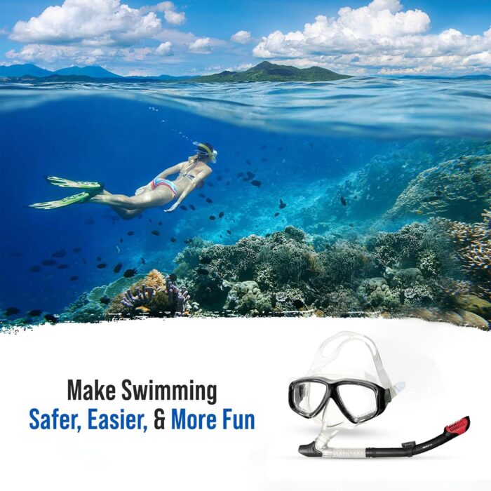Premium Dry Top Snorkel Set - Impact Resistant Tempered Glass Diving Mask, Watertight and Anti-Fog Lens for Best Vision, Easy Adjustable Strap, Waterproof Gear Bag Included - Image 7