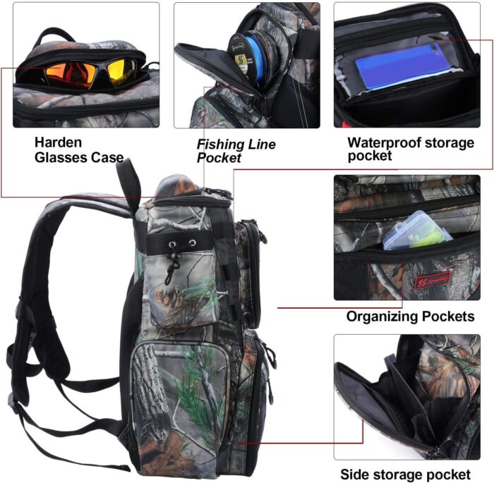 Sougayilang Fishing Tackle Backpack Waterproof Tackle Bag Storage with 4 Trays Tackle Box and Protective Rain Cover for Camping Hiking - Camouflage - Image 3