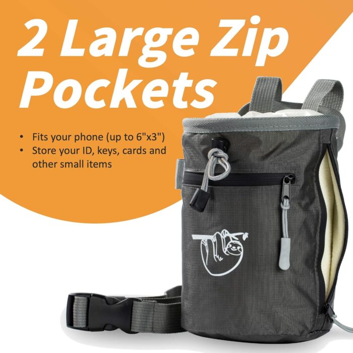 Chalk Bag for Rock Climbing, Climbing Chalk Bag for Bouldering with 2 Large Zipper Storage Pockets, Premium Gym Chalk Bag for Weightlifting, Great Gift and Rock Climbing Gear - Image 3