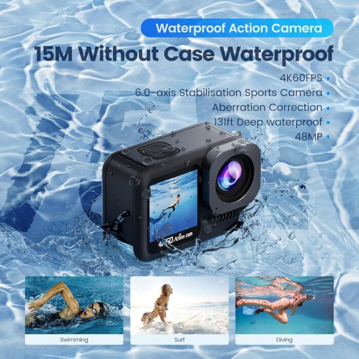 4K60FPS Waterproof Action Camera,48MP 15M Bare Underwater Camera with 64GB Card,8X Zoom Touch Screen SportsCamera,6-axis EIS Motorcycle Camera with Remote Control Distortion Correction - Image 2