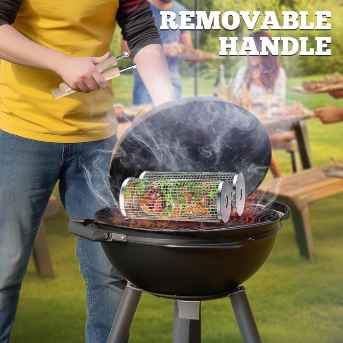 Rolling Grill Basket(2PCS), Removable Wooden Handle, 304 Stainless Steel, Nesting Grilling Net, BBQ Accessories Tool for Vegetable Shrimp, Outdoor Cooking Camping, Birthday Gifts for Men Dad Husband - Image 5