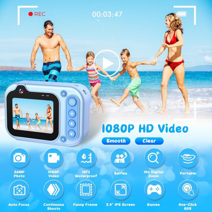 Kids Waterproof Camera, 3M/10FT Underwater Camera for Kids 1080P HD 10X Digital Camera with 2.4" IPS Screen, Children Action Camera for Boys Girls with 32GB Card, Pool Toys for Kids- Blue - Image 3