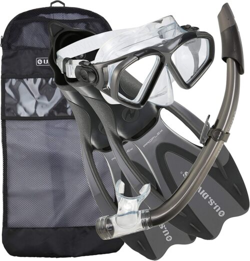 U.S. Divers Cozumel Seabreeze Adult Snorkeling Combo Set with Adjustable Mask, Snorkel, Small Fins (5-6.5), and Travel Bag Set Cozumel DX Dark Gray Black S