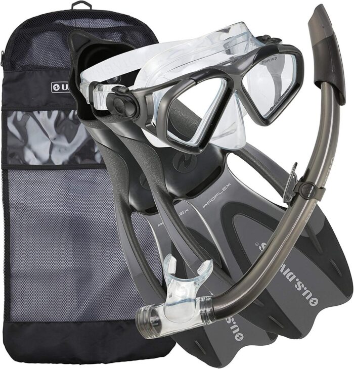 U.S. Divers Cozumel Seabreeze Adult Snorkeling Combo Set with Adjustable Mask, Snorkel, Small Fins (5-6.5), and Travel Bag Set Cozumel DX Dark Gray Black S