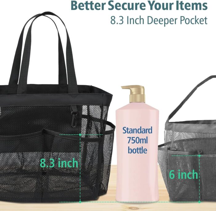F-color Mesh Shower Caddy Portable, 8.3" Deeper Pockets Large Shower Caddy Bathroom Caddy for College Dorm Room Bathroom Essentials, 2 Handles Shower Bag Tote for Gym Rv, Camp with S Hook, Black - Image 2