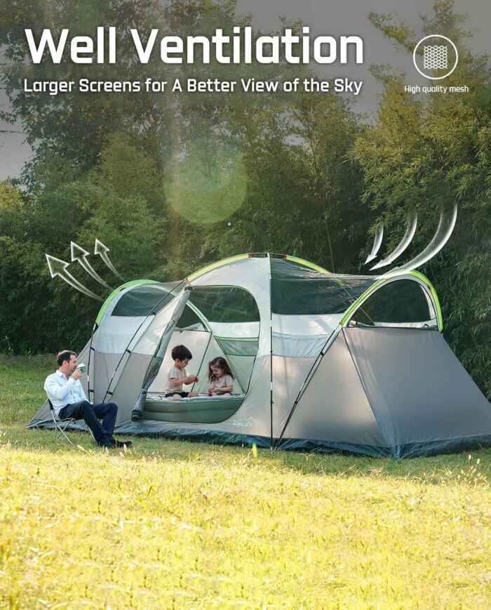 8 Person Larger Extended Dome Camping Tent with 3 Rooms, Waterproof Semi-Freestanding Family Outdoor Tent with Spacious Interior and Mesh Windows - Image 4