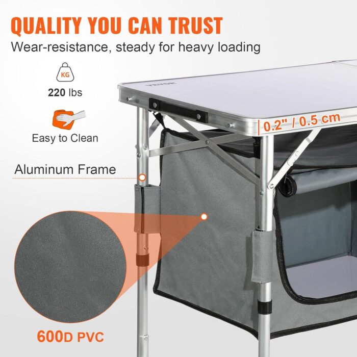 VEVOR Camping Kitchen Station, 3 Adjustable Height Folding Outdoor Camp Cooking Table with Storage Organizer, Quick Set-up for Patio BBQ Picnic Glamping Traveling - Image 6