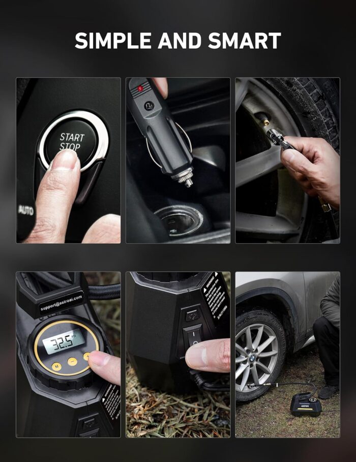 AstroAI Tire Inflator Portable Air Compressor Tire Air Pump for Car Tires - Car Accessories, 12V DC Auto Pump with Digital Pressure Gauge, Emergency LED Light for Bicycle, Balloons, Yellow - Image 8