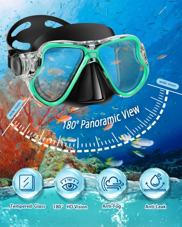 Snorkeling Gear for Adults, 4 in 1 Adult Snorkel Set with Panoramic View Snorkel Mask, Dry Top Snorkel, Adjustable Short Fins and Travel Bag, Snorkel Set with Fins for Snorkeling Diving - Image 2