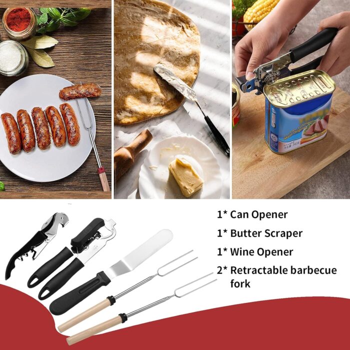 Portable Camping Kitchen Utensil Set-27 Piece Cookware Kit, Stainless Steel Outdoor Cooking and Grilling Utensil Organizer Travel Set Perfect for Travel, Picnics, RVs, Camping, BBQs, Parties and More - Image 6