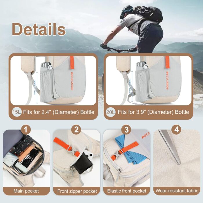 15L Small Hiking Backpack for Men Women Foldable Packable Back Pack Ultralight Hiking Daypack for Travel Camping Outdoor, Beige - Image 3