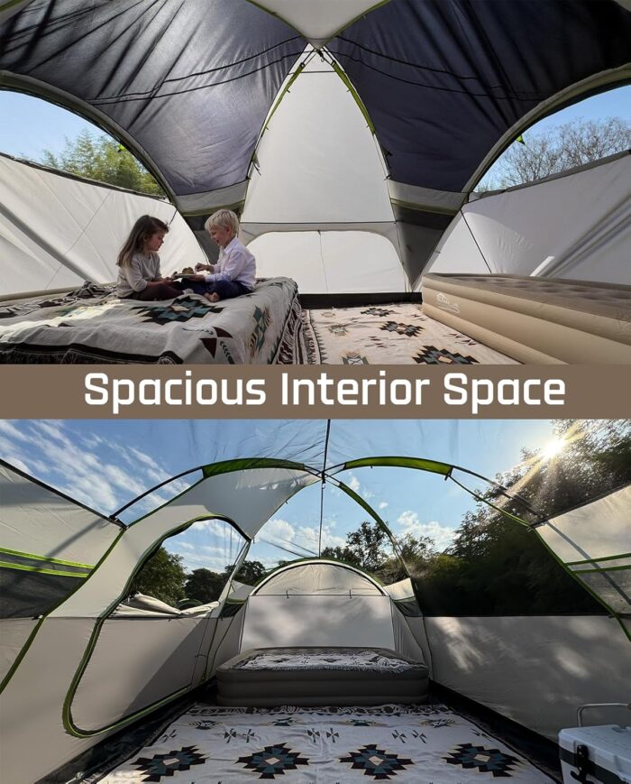 8 Person Larger Extended Dome Camping Tent with 3 Rooms, Waterproof Semi-Freestanding Family Outdoor Tent with Spacious Interior and Mesh Windows - Image 3