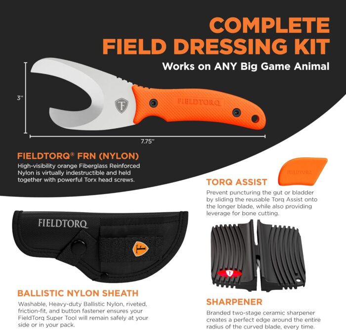 Field Dressing Kit | 4-in-1 Super Tool with Sheath & Sharpener | Skinning Knife for Hunting | Gut Hook | Deer Hunting Knife Set | FRN - Image 3