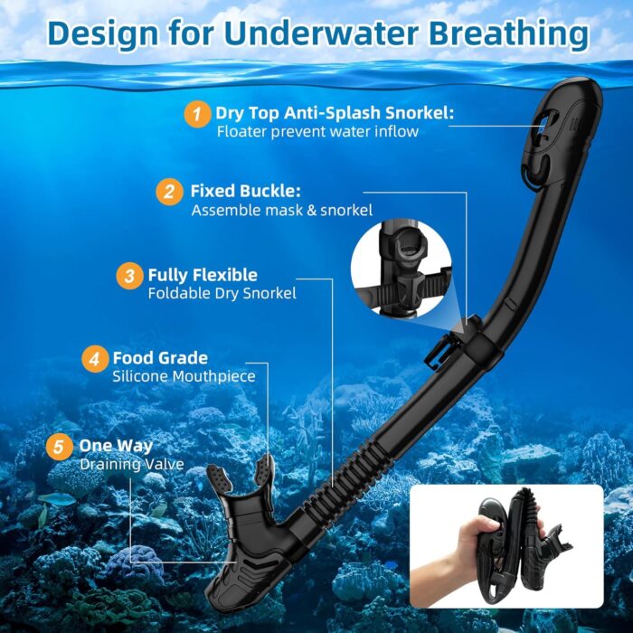 Snorkeling Gear for Adults Scuba Mask Set with Nose Cover Anti Fog Diving Mask with Dry Top Snorkel for Mens Womens Travel Swim Scuba Diving Snorkeling with Bag - Image 6