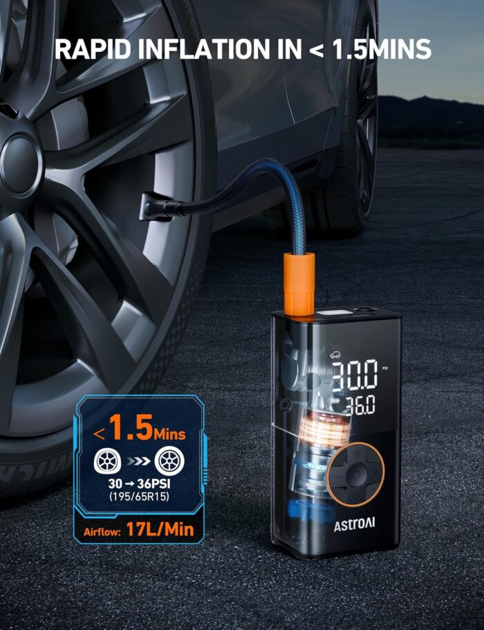 AstroAI L7 Tire Inflator Portable Air Compressor Cordless Mini Bike Pump with Digital Dual Values Display, 150 PSI Car Tires Air Pump with LED Lights&Pressure Gauge for Auto, Motorcycles, Bikes, Balls - Image 3