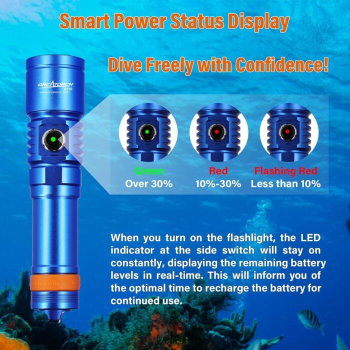 ORCATORCH D710 Scuba Diving Light, 3000 Lumens Super Bright Underwater Flashlight with 6 Degrees Narrow Beam, IP68 Waterproof Night Dive Torch 150 Meters Submersible Light (Blue) - Image 3