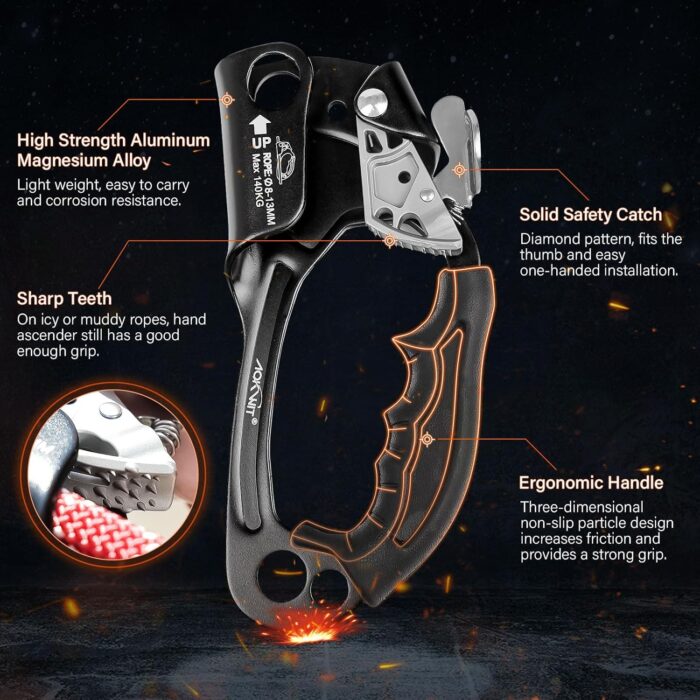 Hand Ascender High strength aluminum Alloy Climbing Ascender with Ergonomic Rubber Handle Strong Rappelling Gear Equipment for Rock Climbing Tree Arborist Rescue Mountaineering Caving Left Right Hand - Image 4