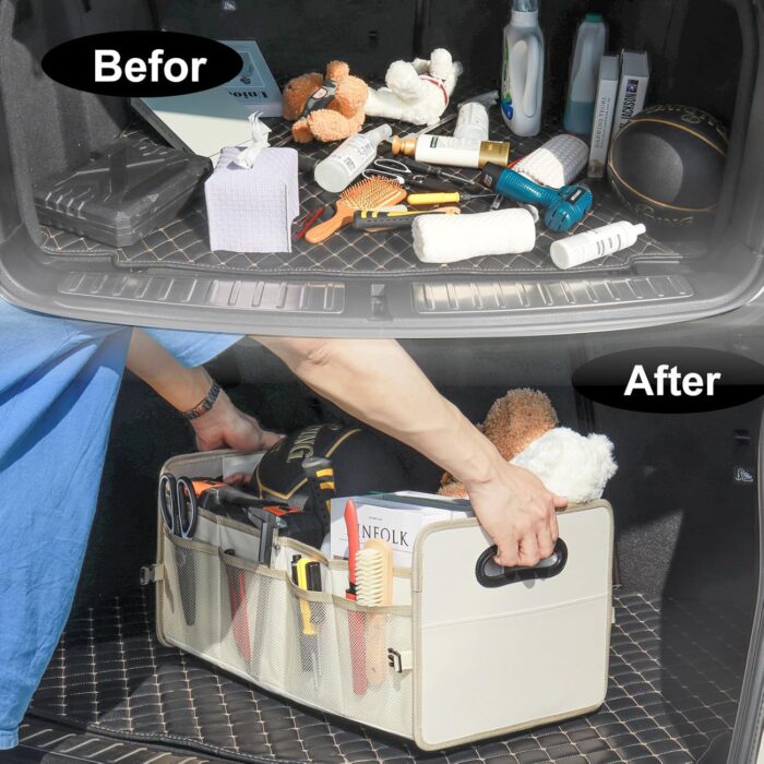 JiatuA Car Trunk Organizer, Car Organizers and Storage Collapsible Multi Compartment Container Box, Adjustable Car Accessories for SUV Sedan Truck, Standard Size, Beige - Image 9