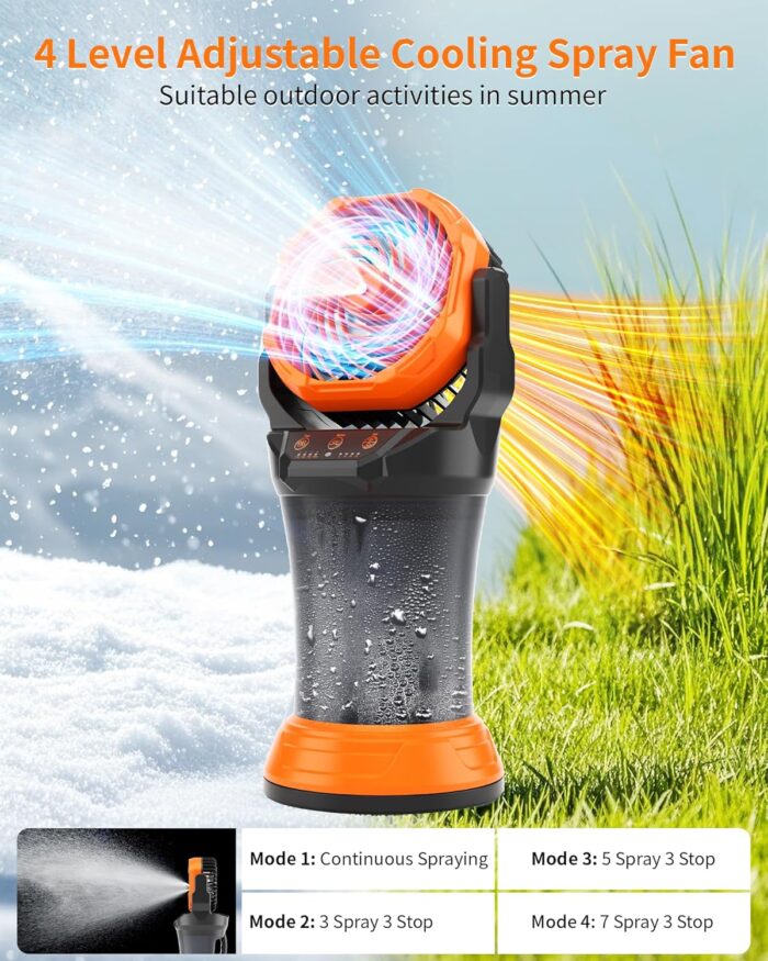 Portable Misting Fan with Large Battery Fan-Rechargeable Outdoor Misting Cooling Fans with 2L Water Tank,RGB Lights,4 Speeds & Spray Modes-for Patio, Camping, Beach, Workshop (X65 Orange) - Image 4
