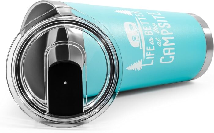 Camco Life is Better at The Campsite Tumbler | Heavy Duty Double Wall Vacuum Insulation | Crafted of 18/8 Stainless Steel | Unique “Life is Better at The Campsite” Design on Cool Blue | 20-oz (53057) - Image 3
