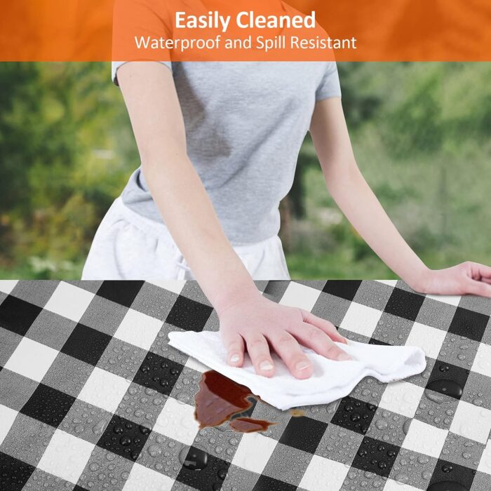 KENOBEE 6ft Picnic Table and Bench Cover, Camping Essentials RV Gear, 72in Waterproof Windproof Outdoor Elastic All Around Tablecloth, Fitted Rectangle Tables and Seats, Black-White Checkered - Image 3