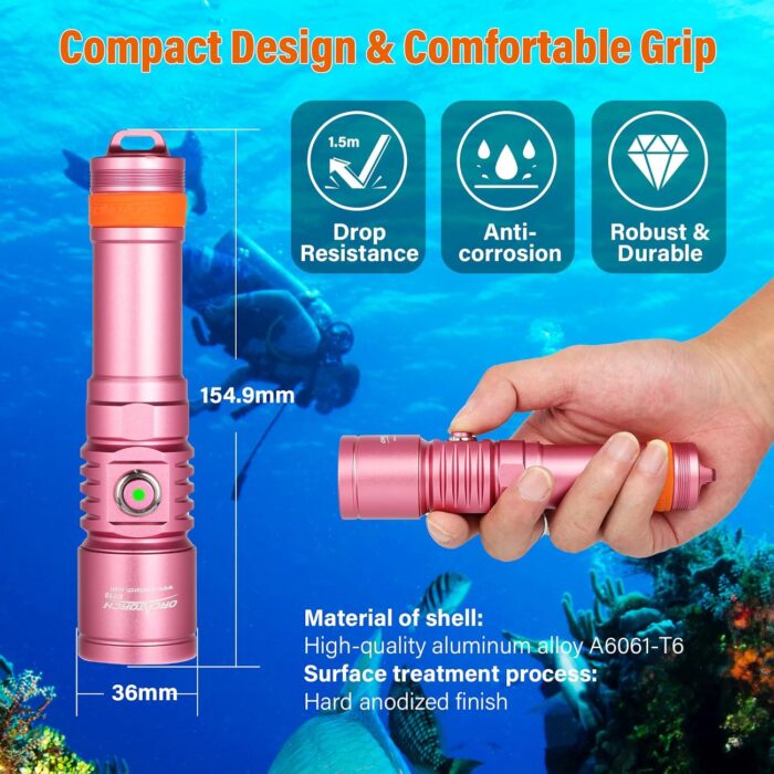 ORCATORCH D710 Scuba Diving Light, 3000 Lumens Super Bright Underwater Flashlight with 6 Degrees Narrow Beam, IP68 Waterproof Night Dive Torch 150 Meters Submersible Light (Pink) - Image 5